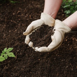westland composted bark in border and close up in hands