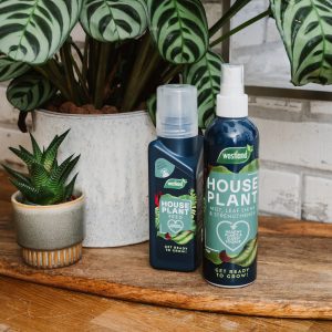 houseplant feed and leaf shine on shelf