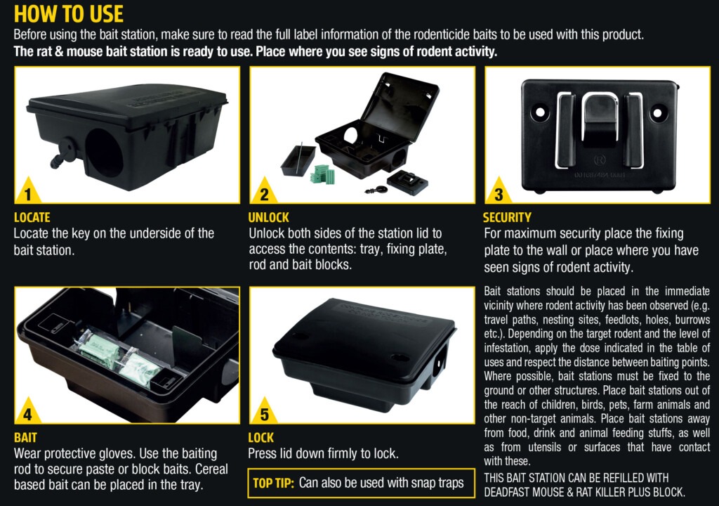 Deadfast-Rat-Mouse-Pre-Baited-Station with blocks back of pack instructions