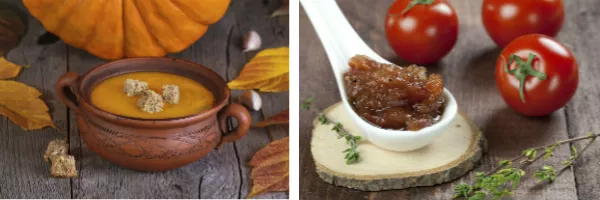 Images of pumpkin soup and tomato chutney.