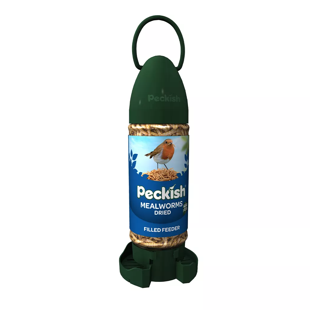 Peckish mealworms dried ready to use filled feeder in packaging