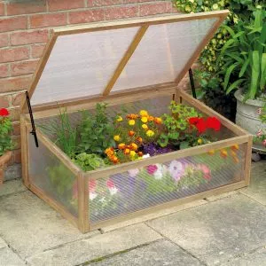 wooden cold frame natural on patio