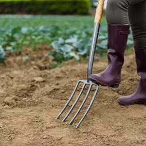 Kent & Stowe Carbon Steel Digging Fork breaking up soil