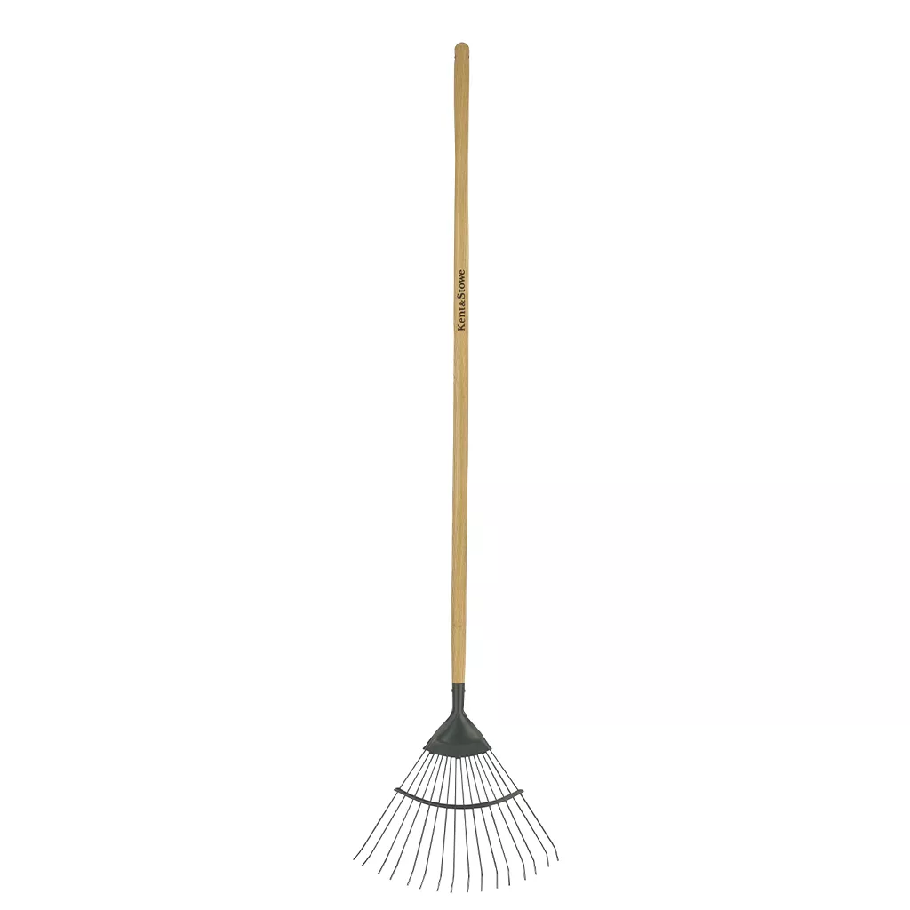 Kent & Stowe Carbon Steel Long Handled Leaf Rake out of pack