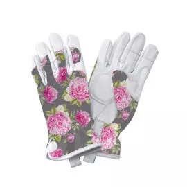 Grey Peony Print Leather Gloves