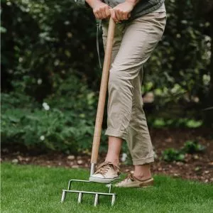 kent & stowe stainless steel lawn aerator in use