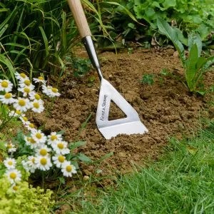 Kent & Stowe stainless steel long handled dutch hoe in use