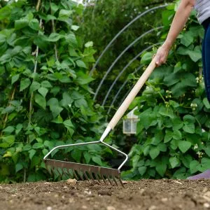 kent & stowe stainless steel long handled soil rake in use