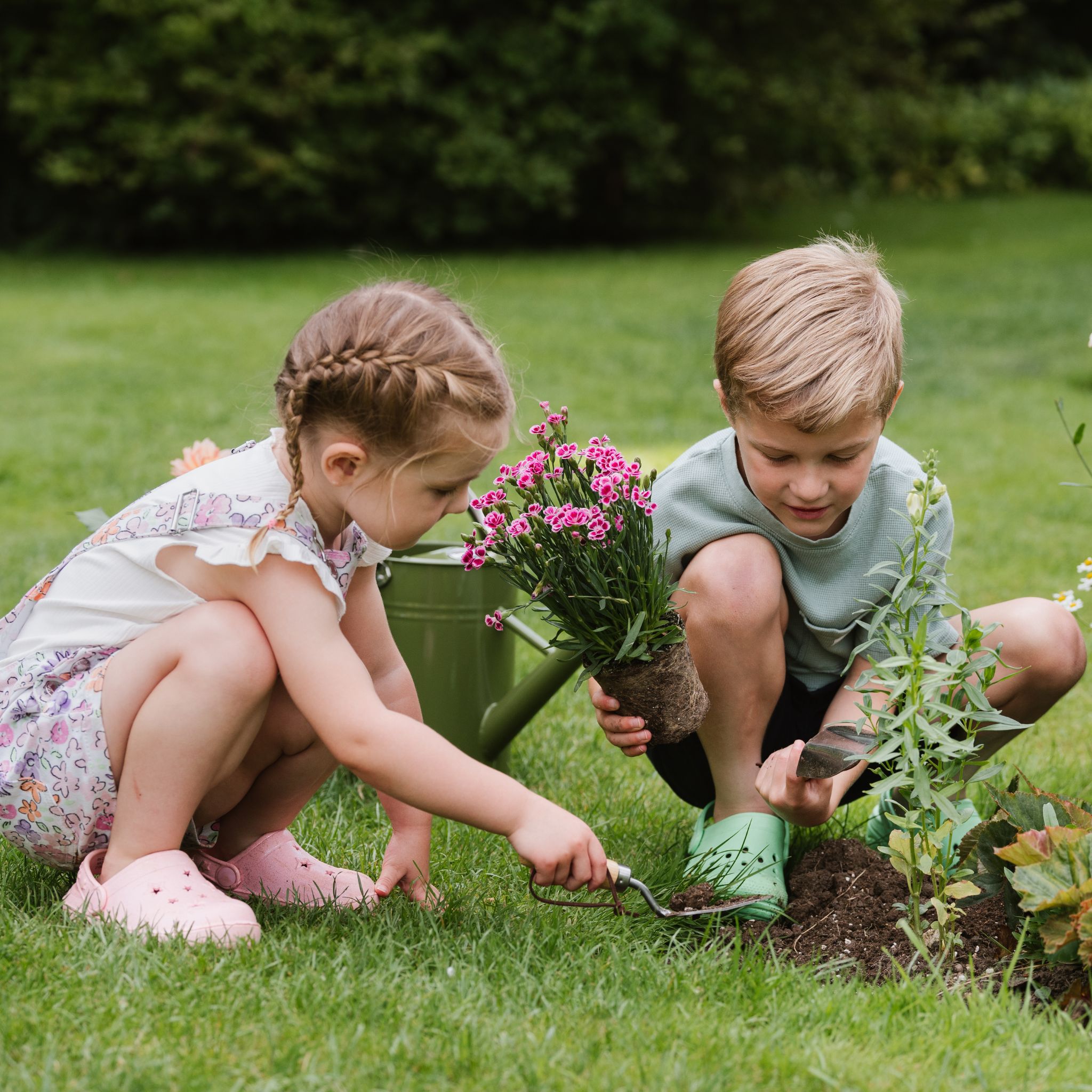 kids planting plants and flowers in garden border