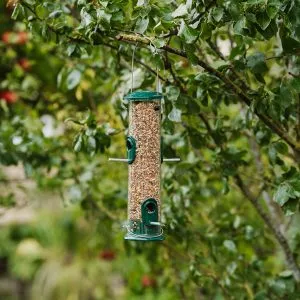 All Weather seed feeder hanging in tree with seed