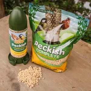 Peckish Complete Energy Bites bag and filled feeder