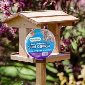 gardman seed and mealworm suet cookie lifestyle on bird table