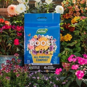 boost mini bale compost 5l surrounding flowers