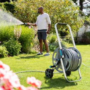 Flopro Heavy duty metal hose cart in use