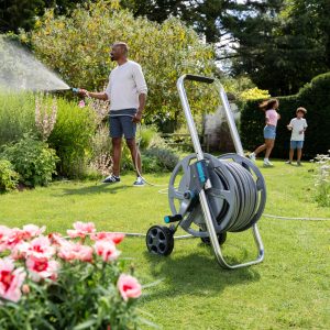 Flopro Heavy duty metal hose cart in use