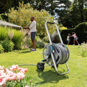 Flopro Heavy duty metal hose cart in use